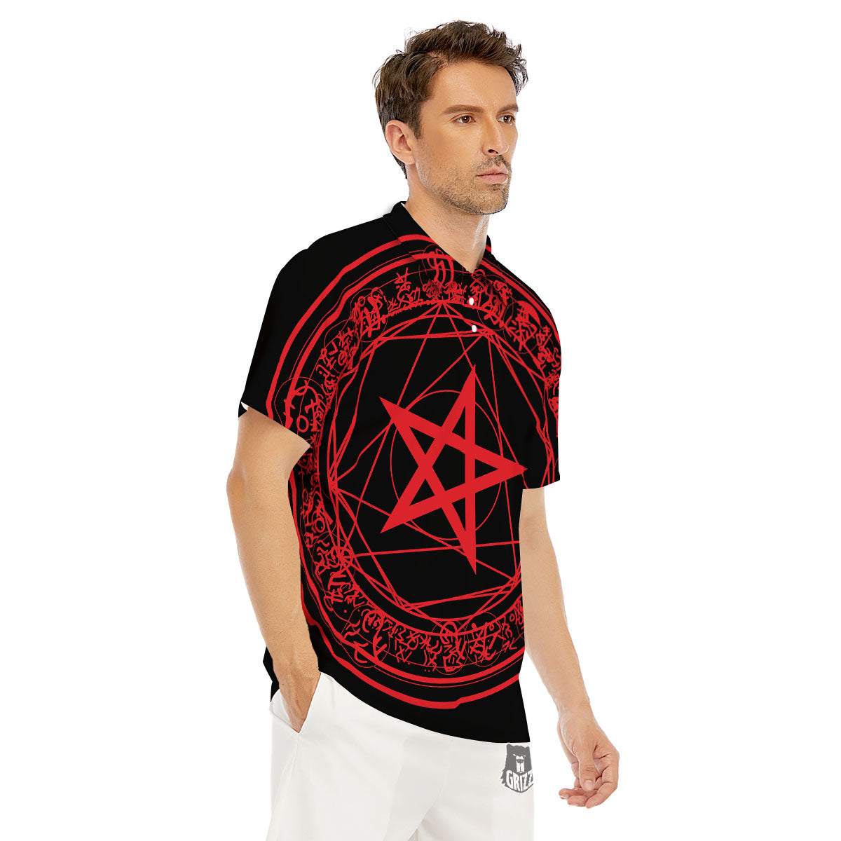 Satanic Pentagram Red And Black Print Men's Golf Shirts-grizzshop