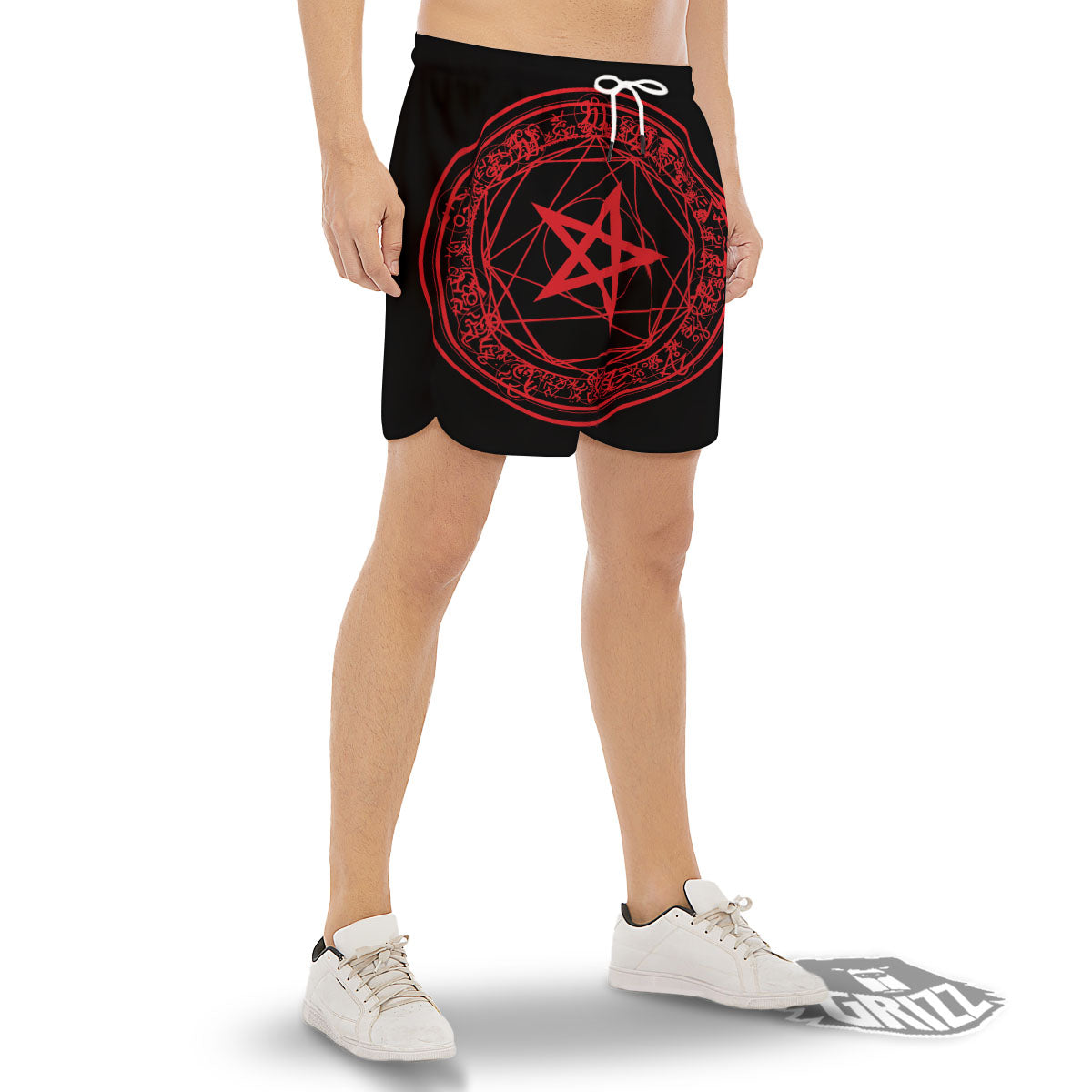 Satanic Pentagram Red And Black Print Men's Gym Shorts-grizzshop