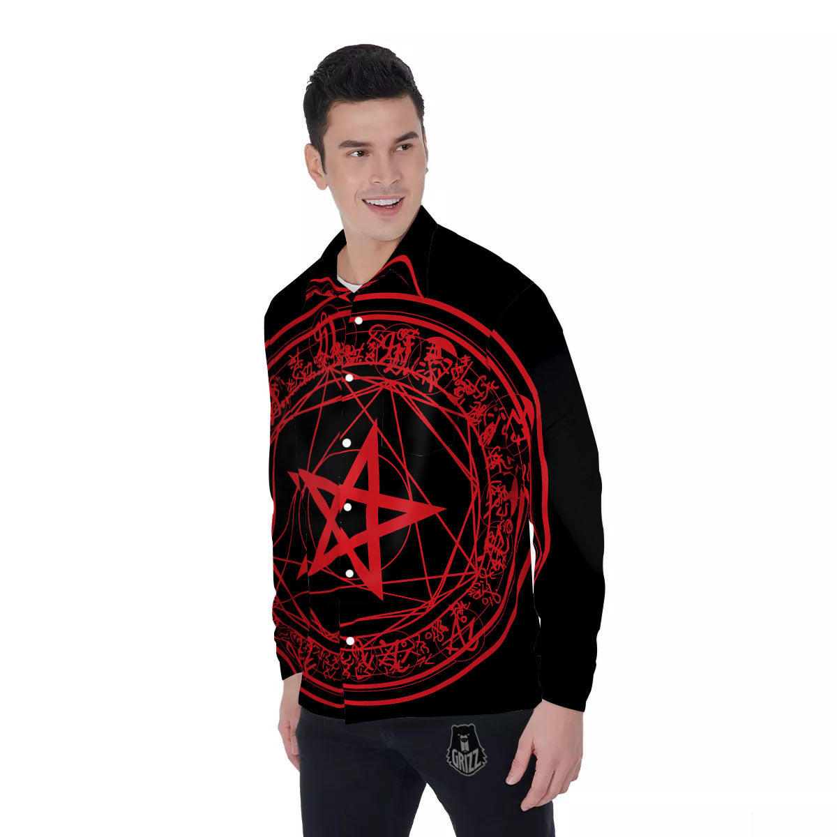 Satanic Pentagram Red And Black Print Men's Long Sleeve Shirts-grizzshop