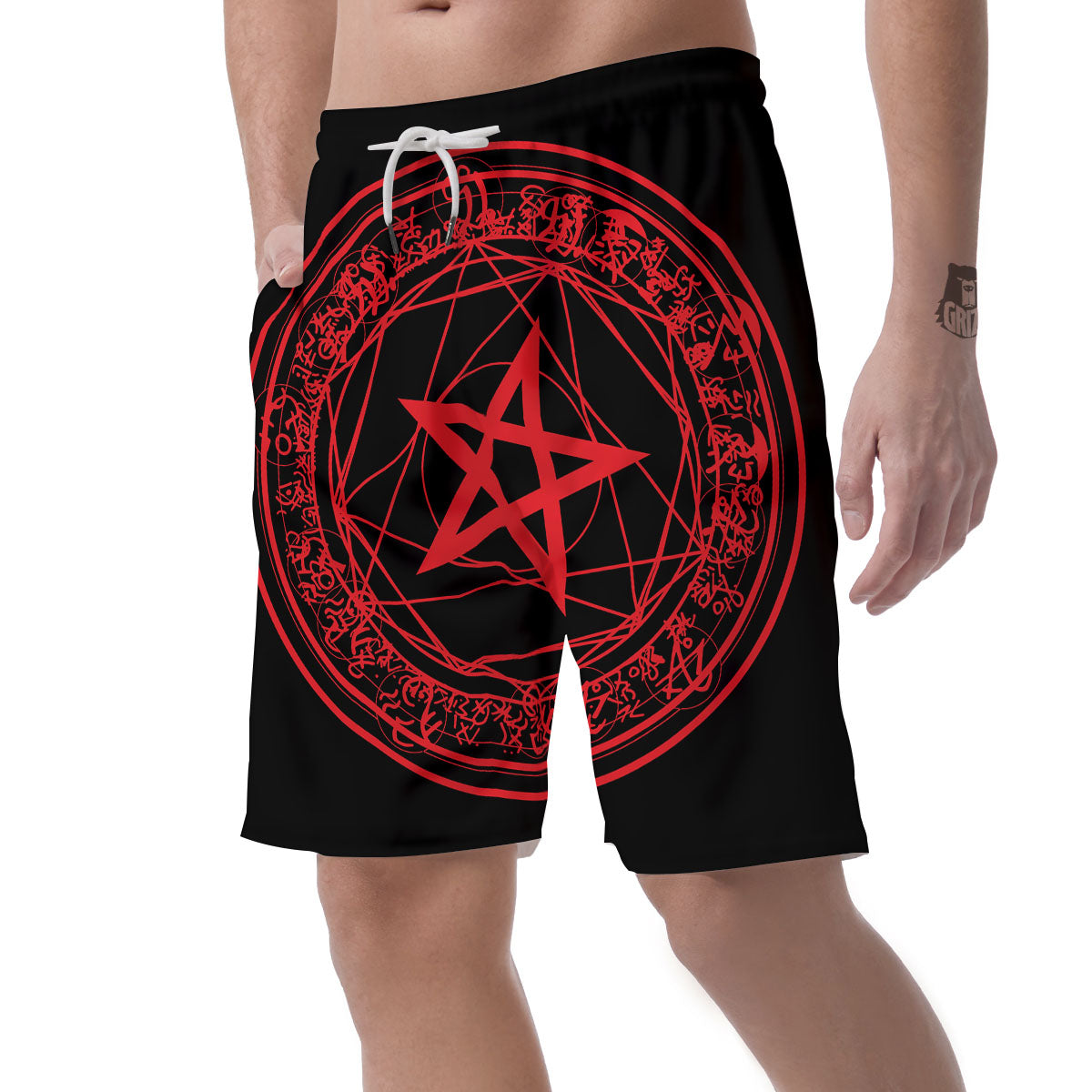 Satanic Pentagram Red And Black Print Men's Shorts-grizzshop