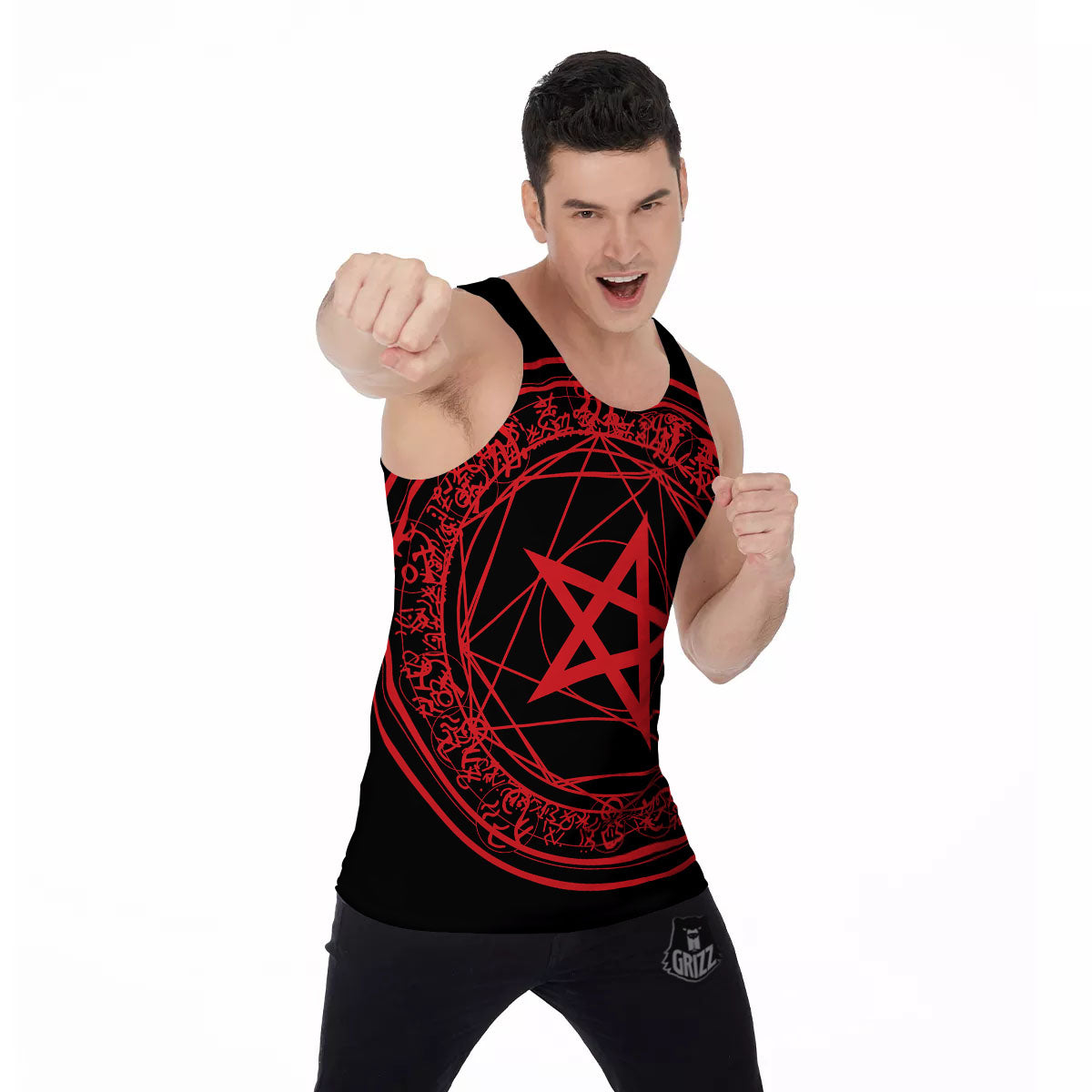 Satanic Pentagram Red And Black Print Men's Tank Top-grizzshop