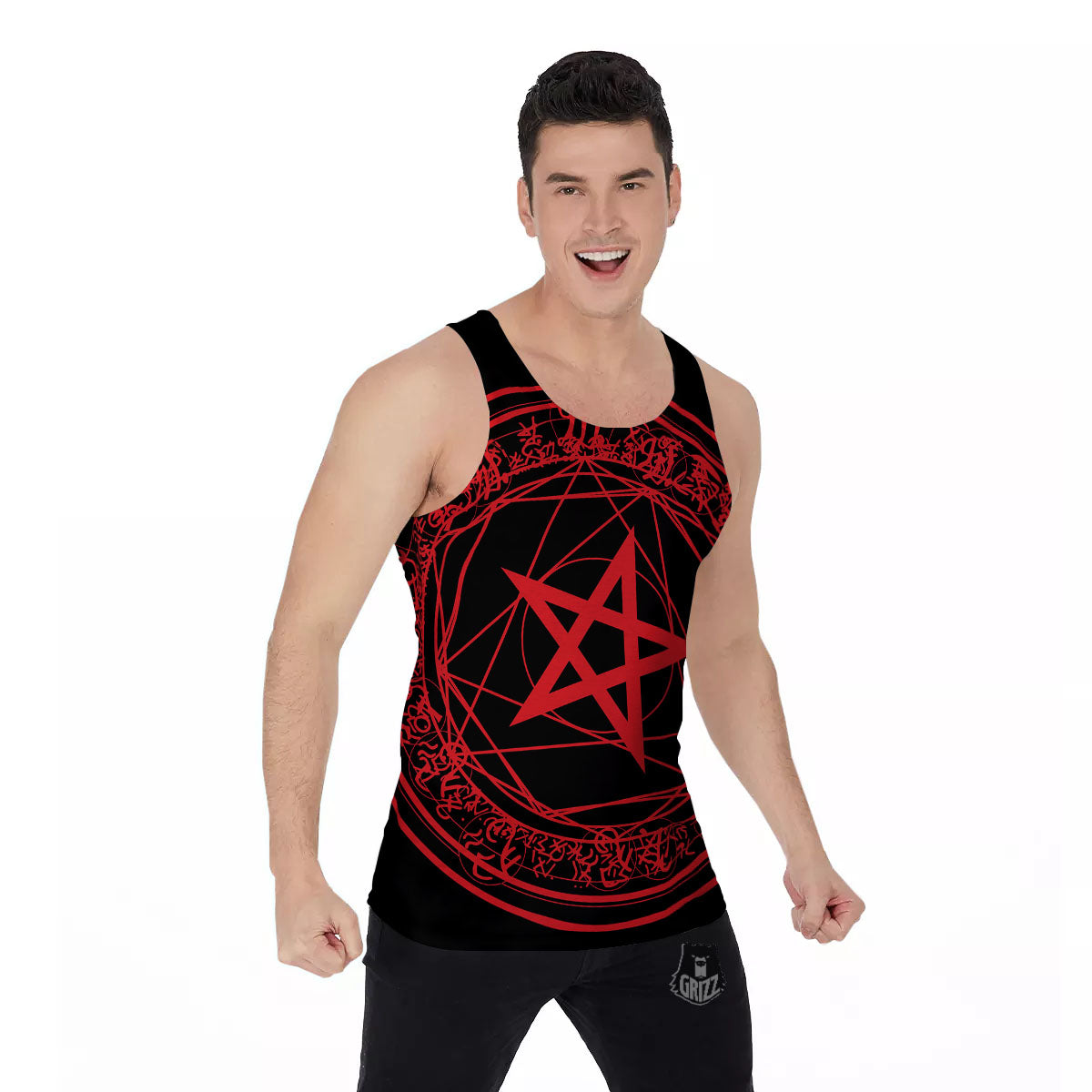 Satanic Pentagram Red And Black Print Men's Tank Top-grizzshop