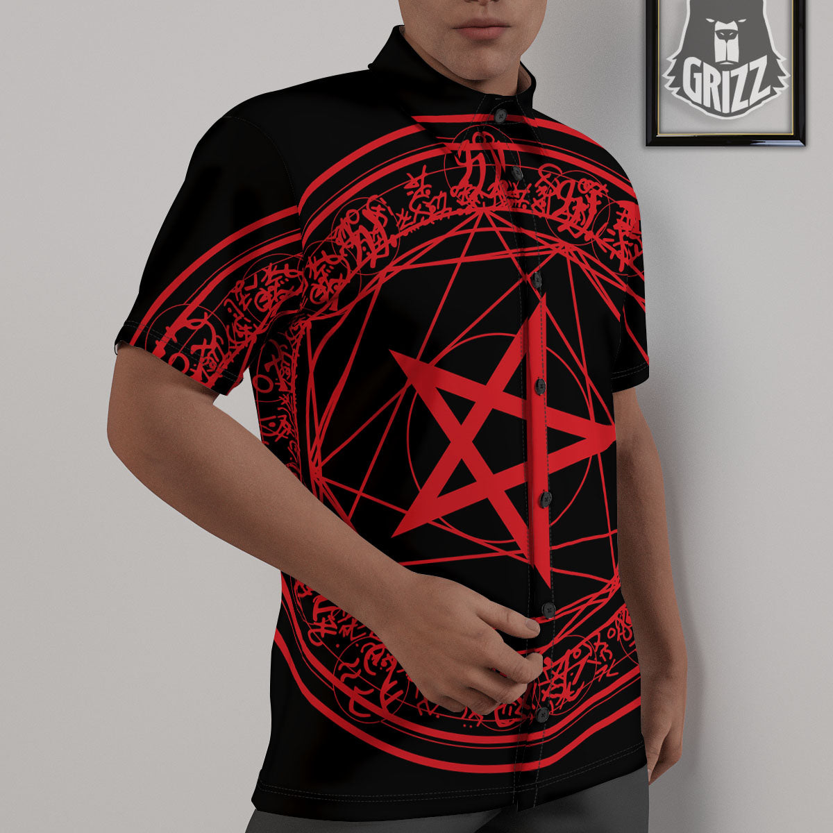 Satanic Pentagram Red And Black Print Untucked Shirts-grizzshop