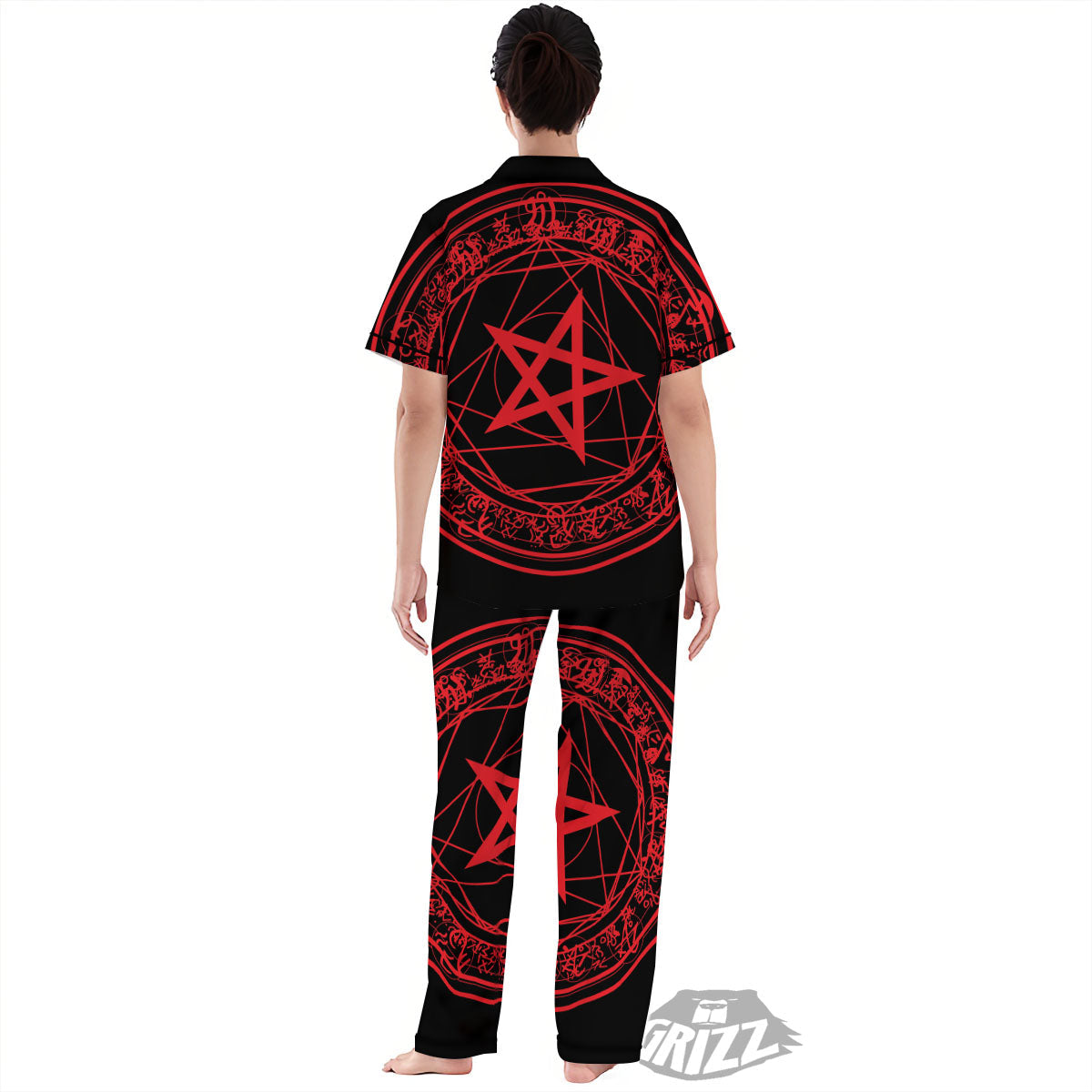 Satanic Pentagram Red And Black Print Women's Pajamas Set-grizzshop