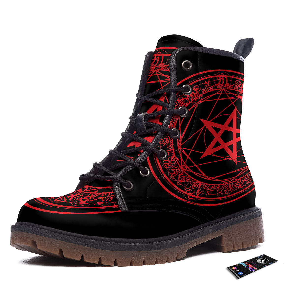 Satanic Pentagram Red And Black Print Work Boots-grizzshop