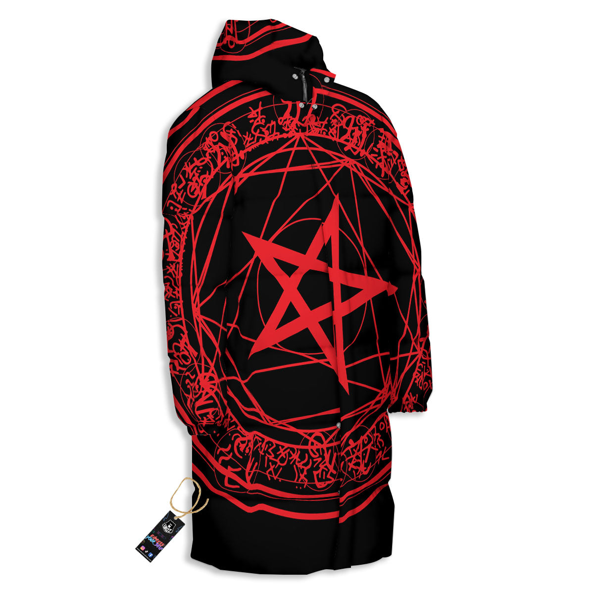 Satanic Pentagram Red And Black Print Long Down Jacket