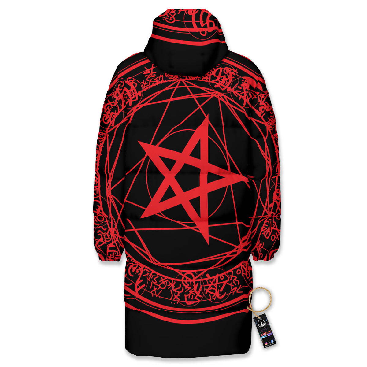 Satanic Pentagram Red And Black Print Long Down Jacket