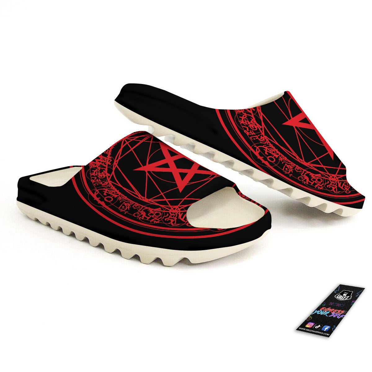 Satanic Pentagram Red And Black Print Sandals-grizzshop