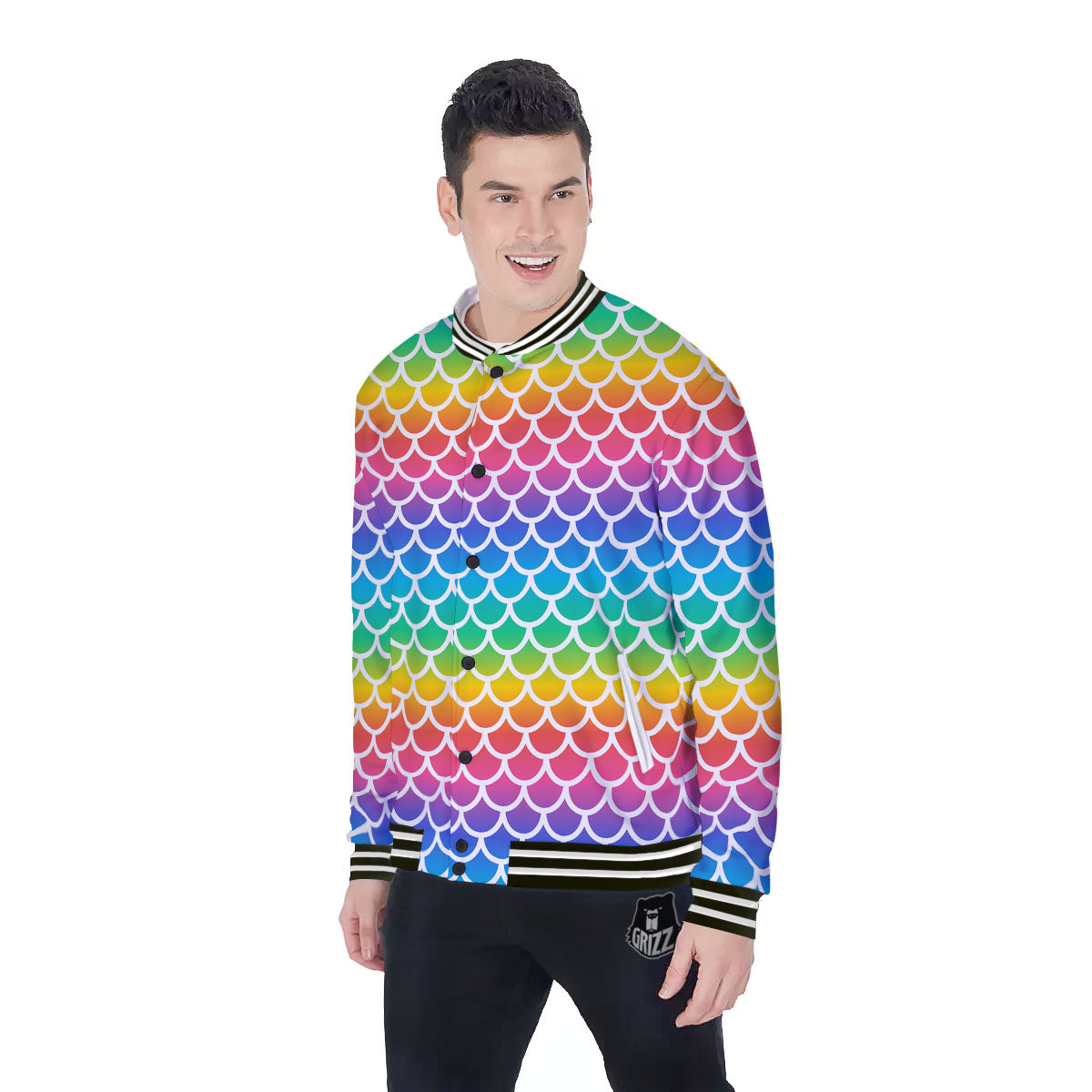 Scale Rainbow Mermaid Print Pattern Baseball Jacket-grizzshop