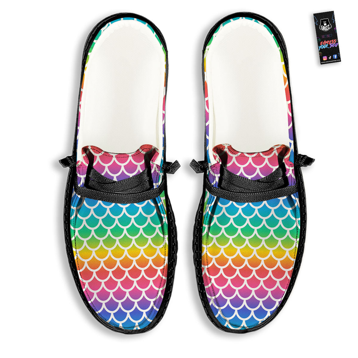 Scale Rainbow Mermaid Print Pattern Black Loafers-grizzshop