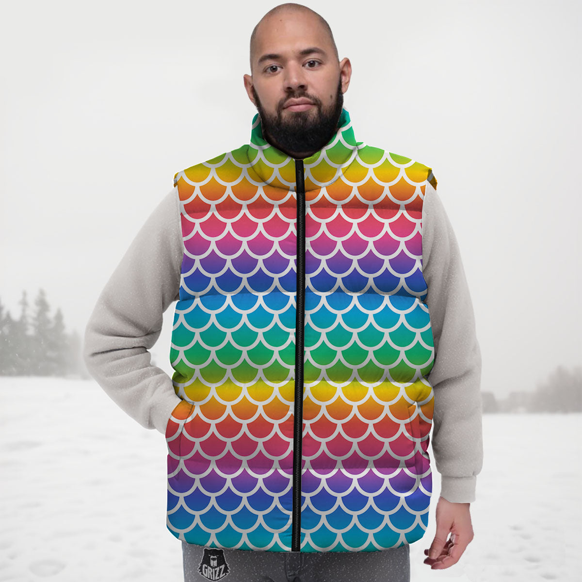 Scale Rainbow Mermaid Print Pattern Down Vest-grizzshop