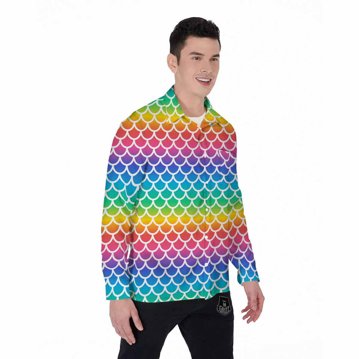 Scale Rainbow Mermaid Print Pattern Men's Long Sleeve Shirts-grizzshop