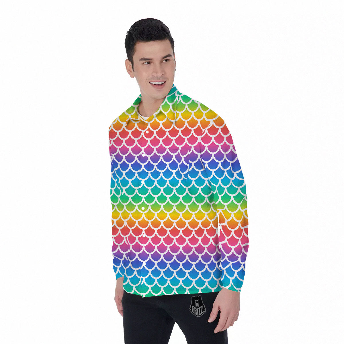 Scale Rainbow Mermaid Print Pattern Men's Long Sleeve Shirts-grizzshop