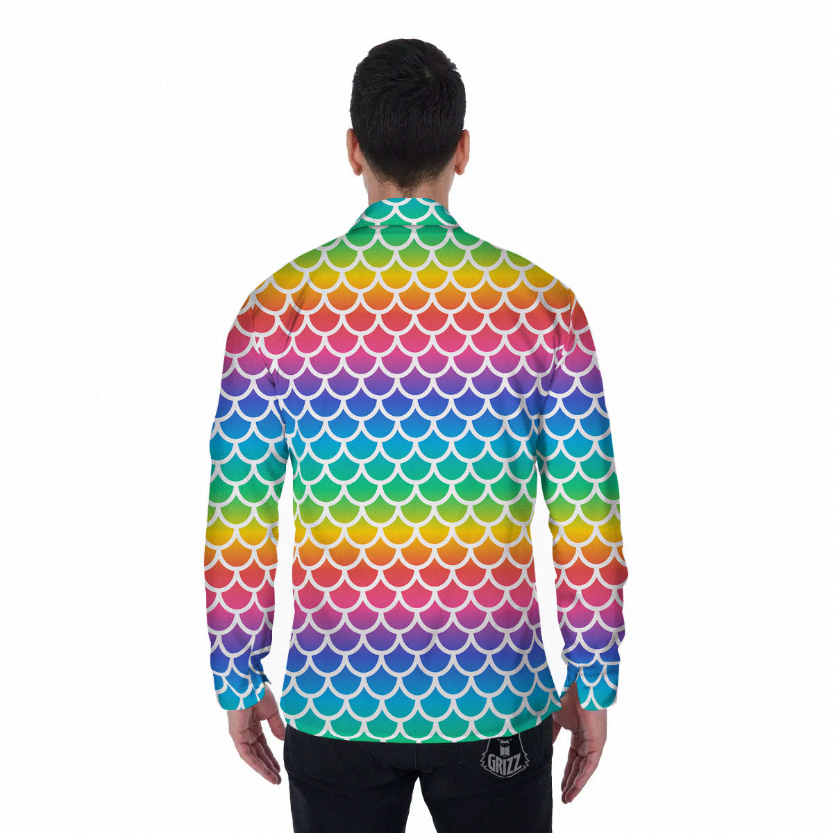 Scale Rainbow Mermaid Print Pattern Men's Long Sleeve Shirts-grizzshop