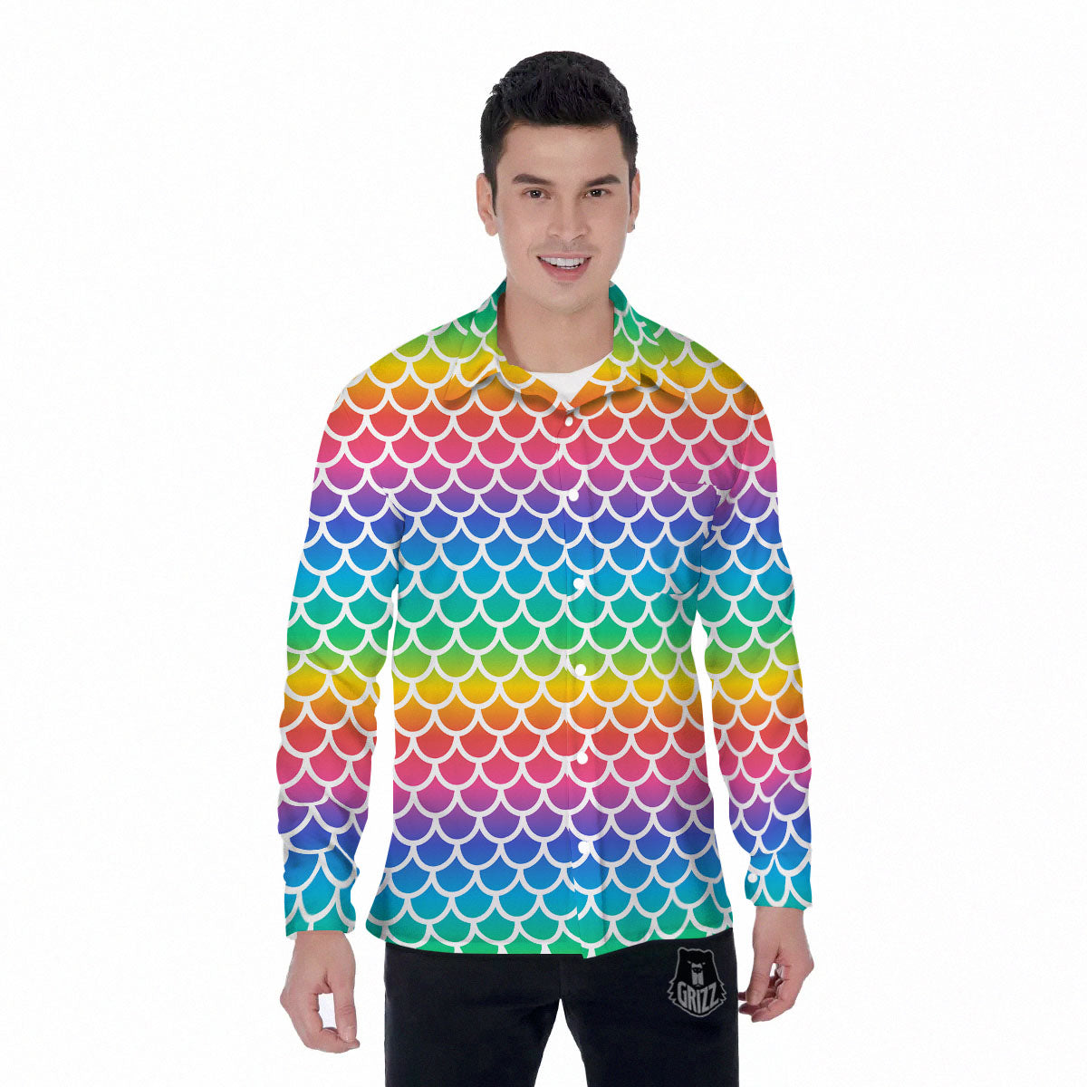 Scale Rainbow Mermaid Print Pattern Men's Long Sleeve Shirts-grizzshop