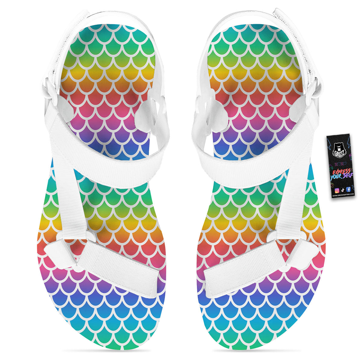 Scale Rainbow Mermaid Print Pattern White Open Toe Sandals-grizzshop