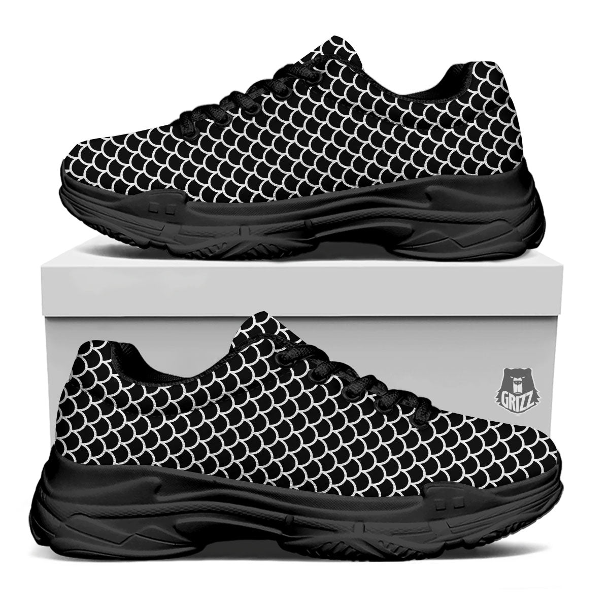 Scales Black Mermaid Print Pattern Black Chunky Shoes-grizzshop