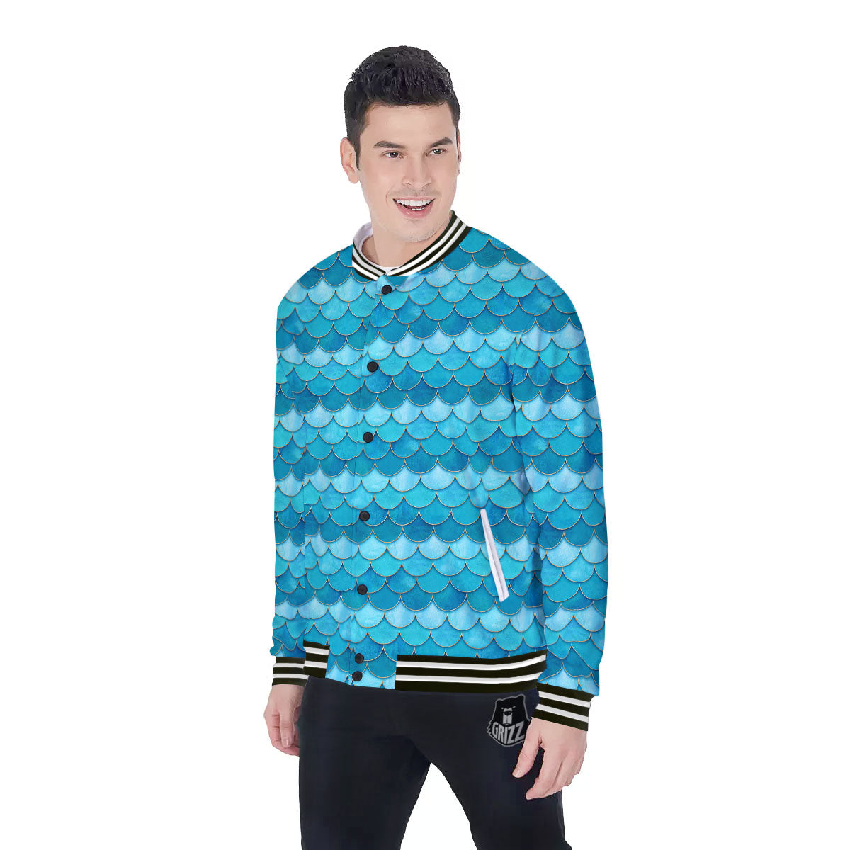 Scales Mermaid Blue Print Pattern Baseball Jacket-grizzshop