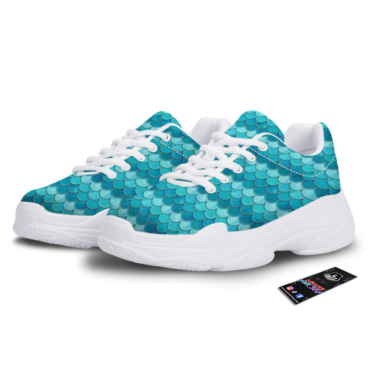 Scales Mermaid Blue Print Pattern White Chunky Shoes-grizzshop