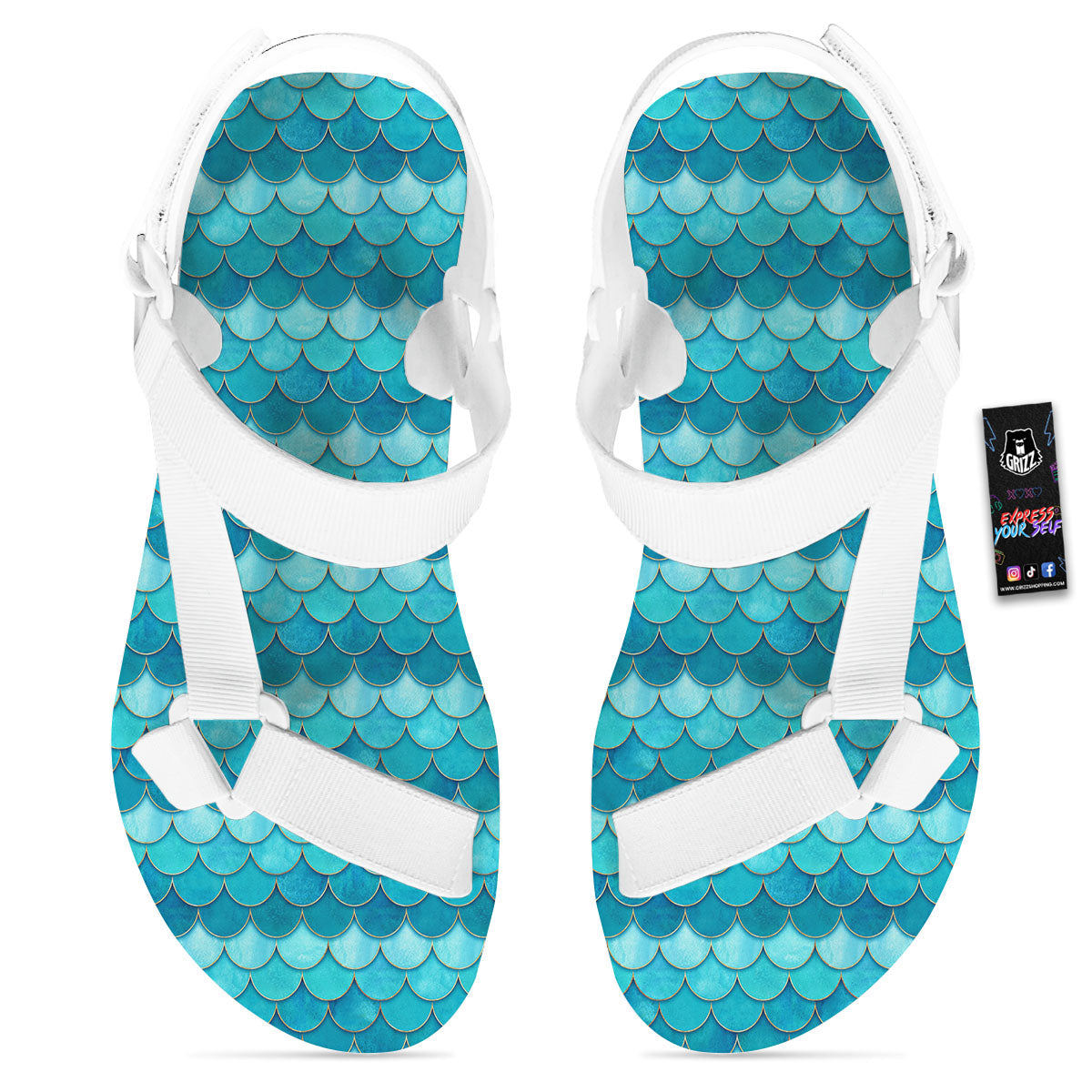 Scales Mermaid Blue Print Pattern White Open Toe Sandals-grizzshop