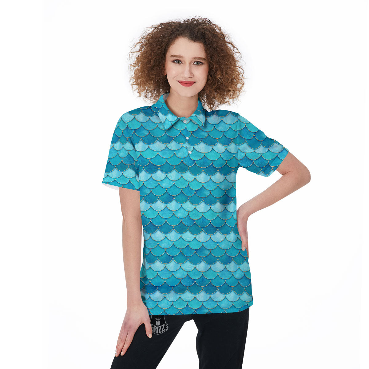 Scales Mermaid Blue Print Pattern Women's Golf Shirts-grizzshop