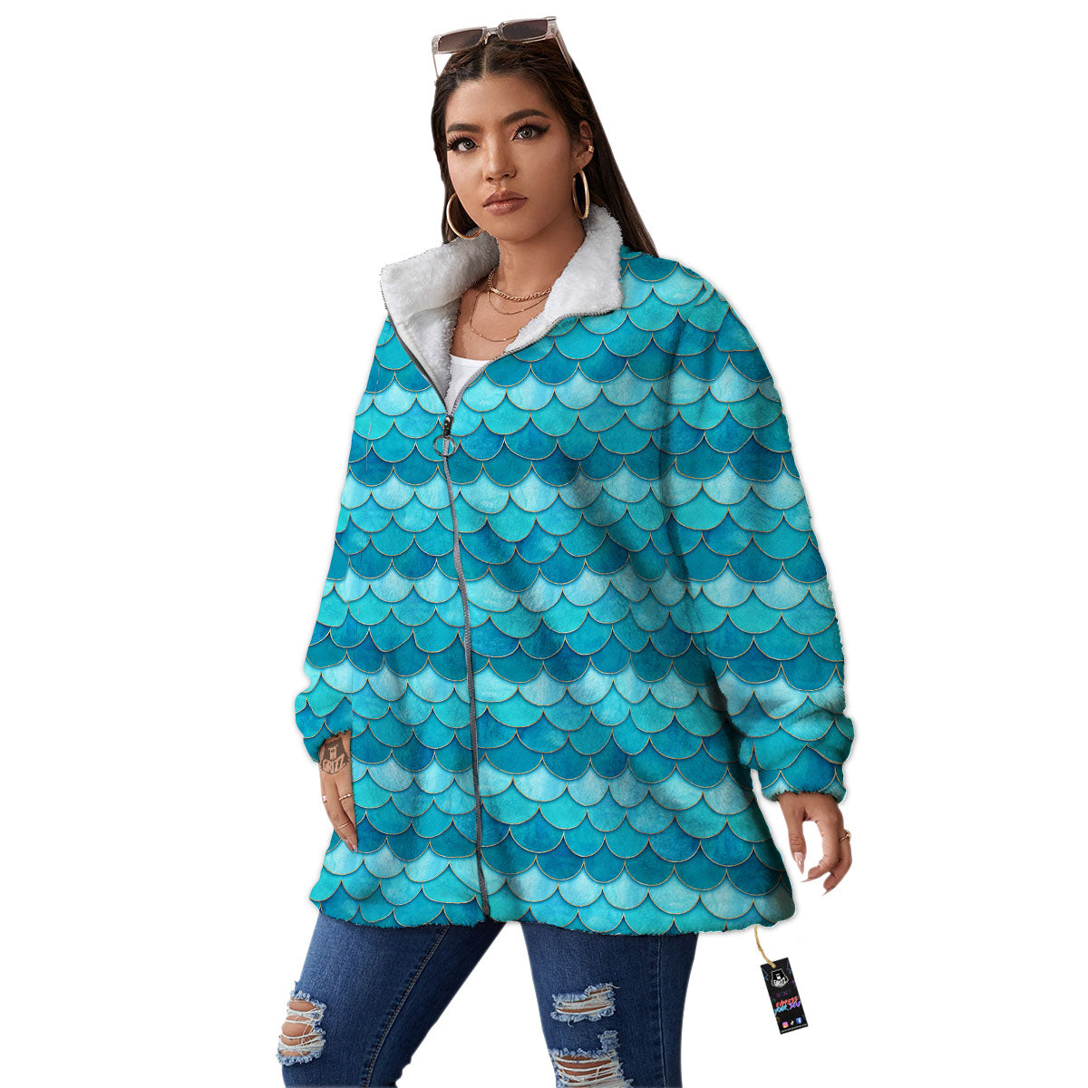 Scales Mermaid Blue Print Pattern Women's Sherpa Jacket-grizzshop