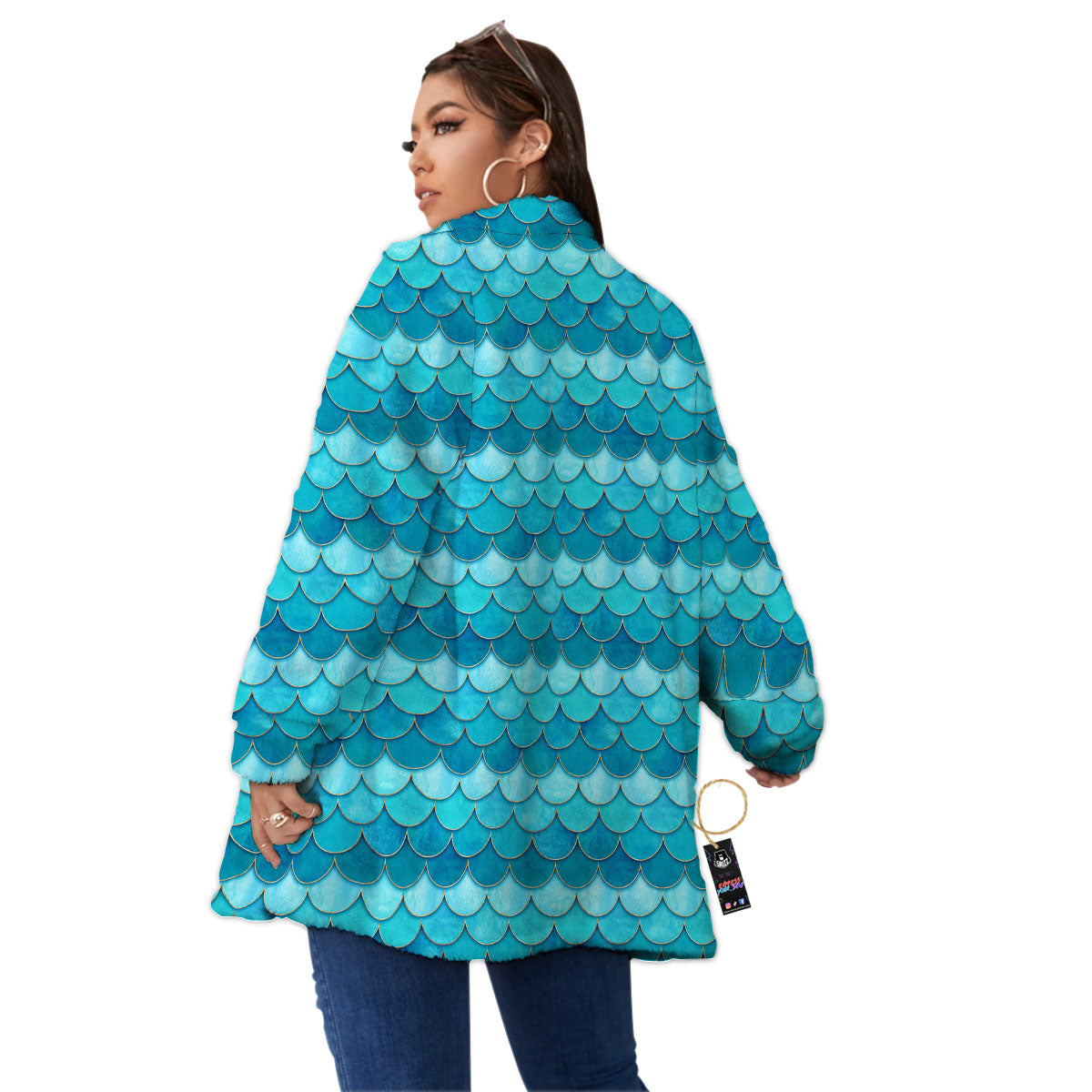 Scales Mermaid Blue Print Pattern Women's Sherpa Jacket-grizzshop