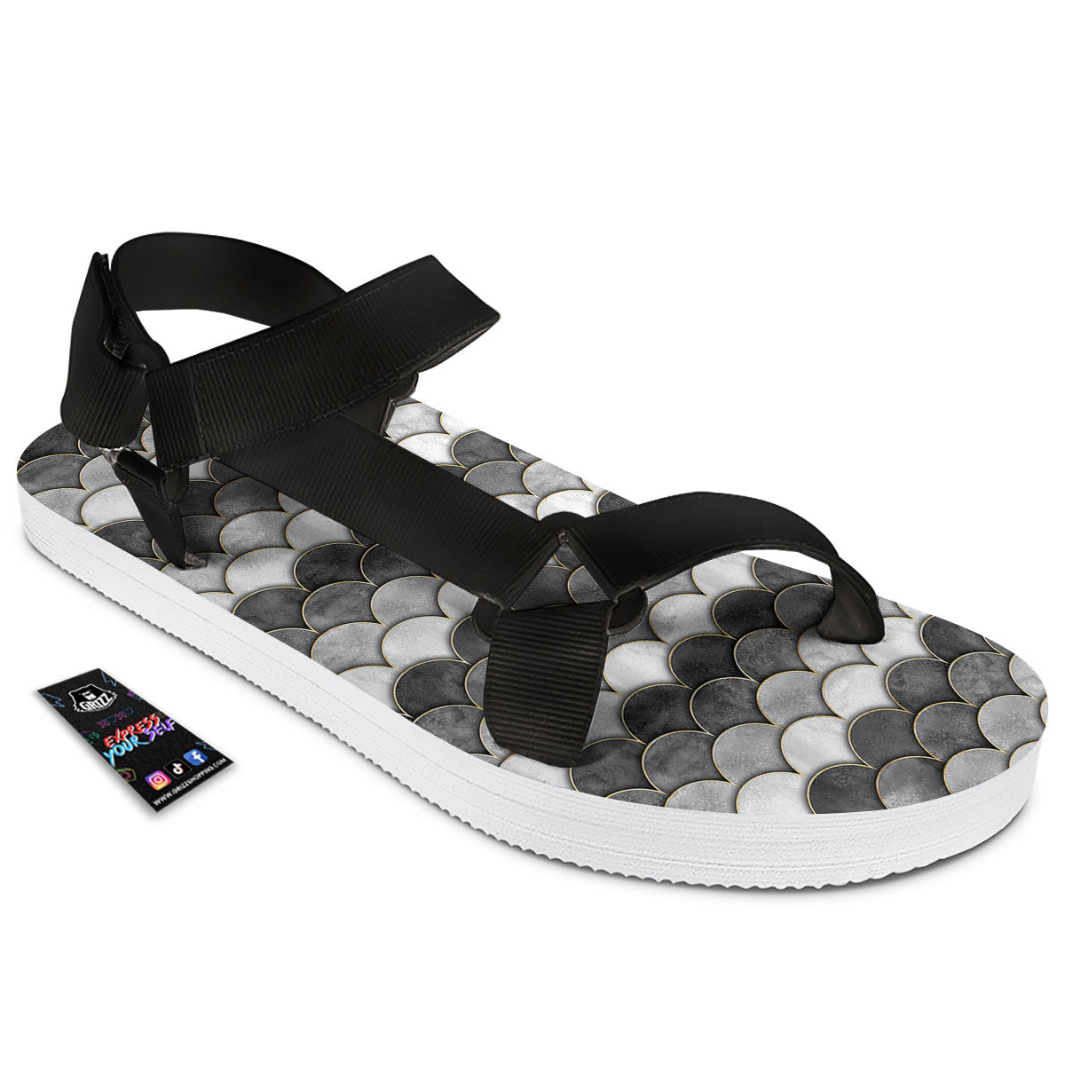 Scales Mermaid Print Pattern Black Open Toe Sandals-grizzshop