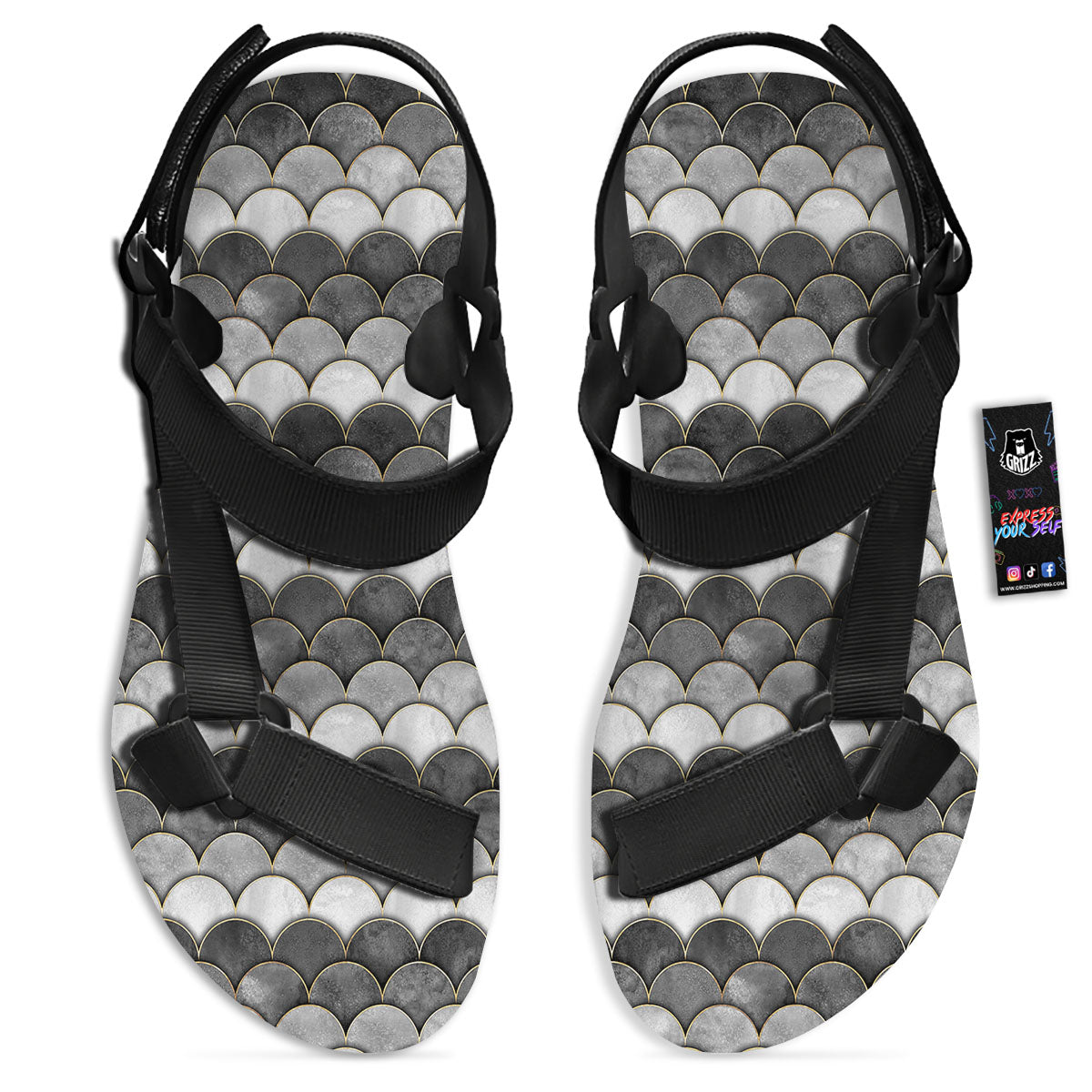 Scales Mermaid Print Pattern Black Open Toe Sandals-grizzshop