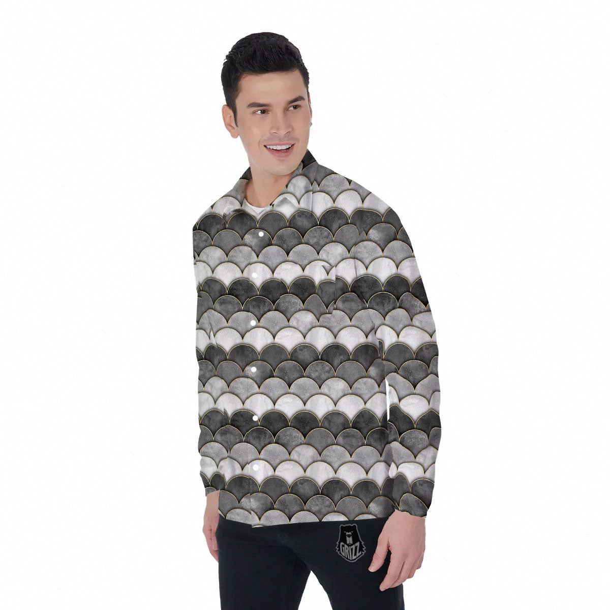 Scales Mermaid Print Pattern Men's Long Sleeve Shirts-grizzshop