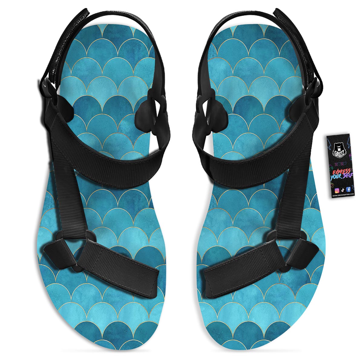 Scales Teal Mermaid Print Pattern Black Open Toe Sandals-grizzshop