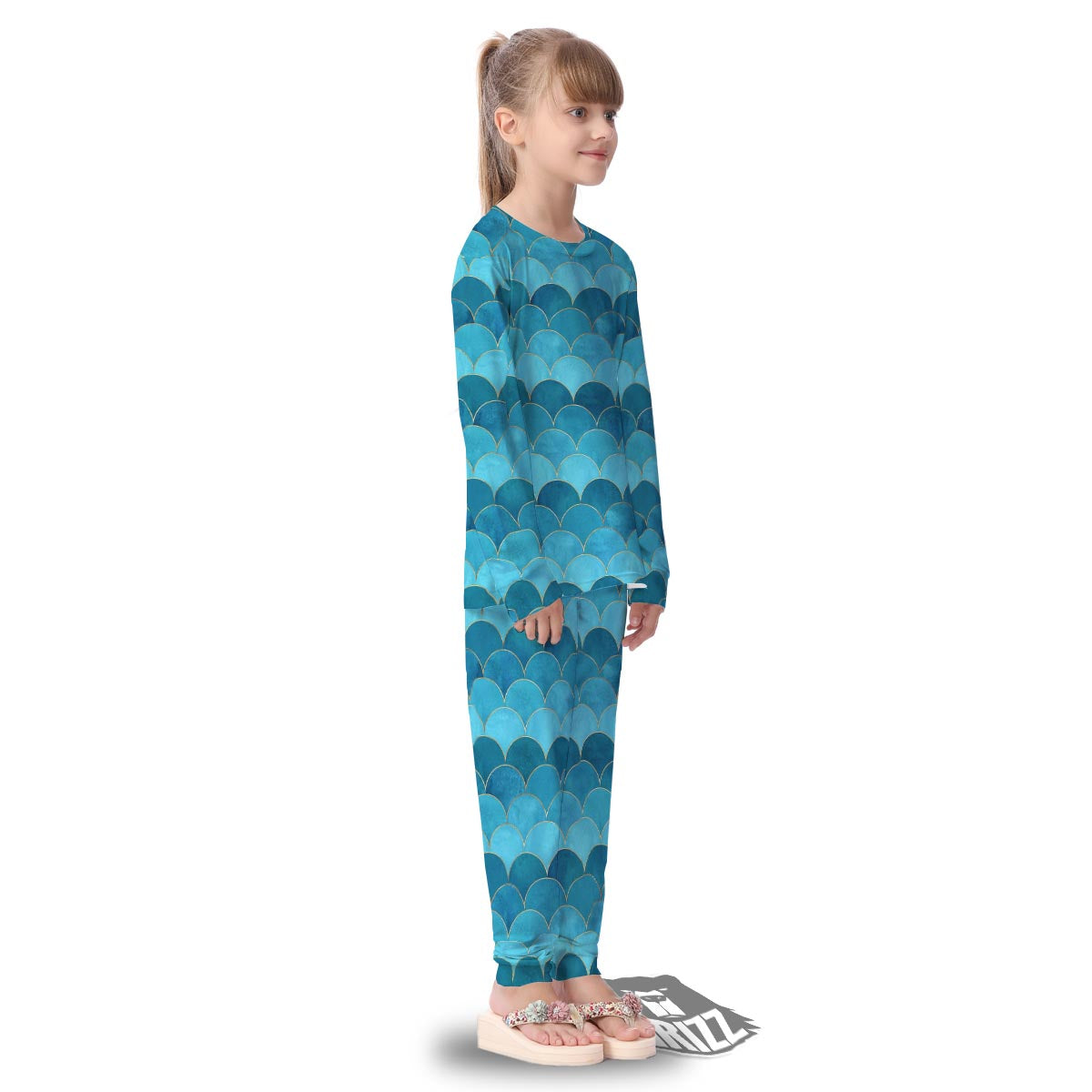 Scales Teal Mermaid Print Pattern Kid's Pajamas-grizzshop