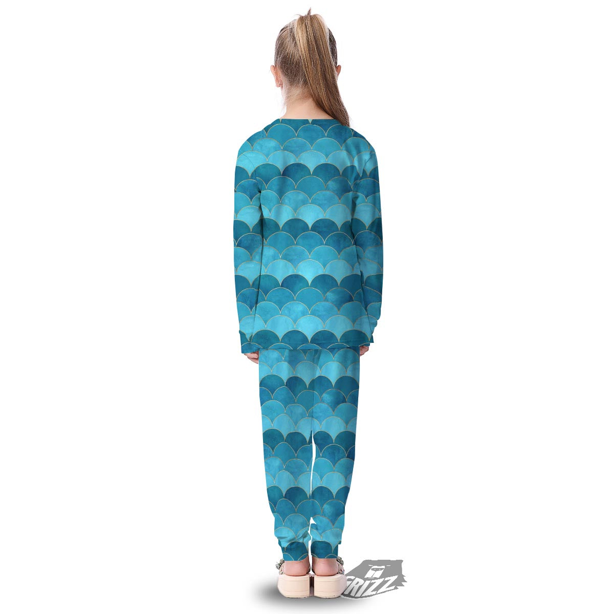 Scales Teal Mermaid Print Pattern Kid's Pajamas-grizzshop