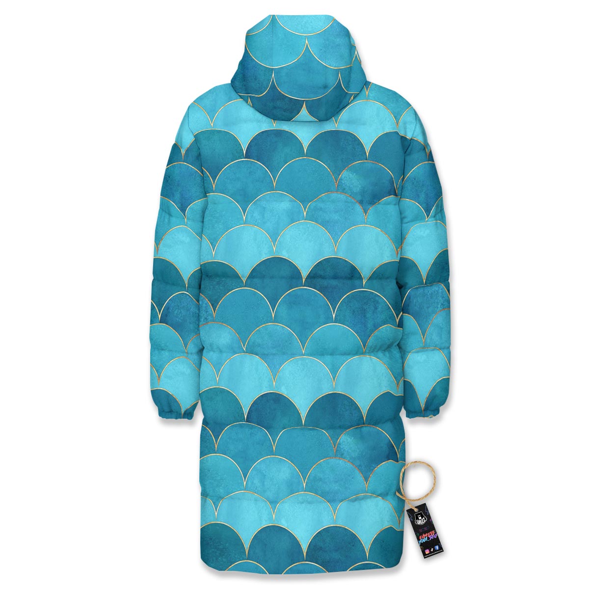 Scales Teal Mermaid Print Pattern Long Down Jacket-grizzshop