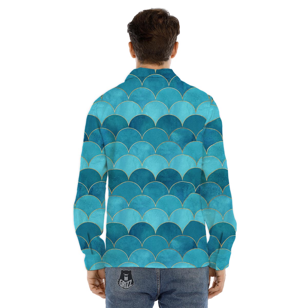 Scales Teal Mermaid Print Pattern Men's Dress Shirts-grizzshop