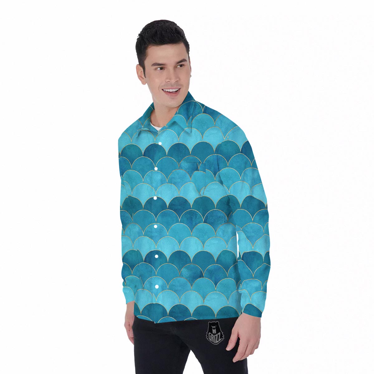 Scales Teal Mermaid Print Pattern Men's Long Sleeve Shirts-grizzshop
