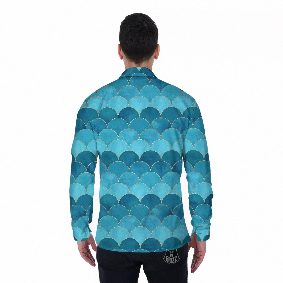 Scales Teal Mermaid Print Pattern Men's Long Sleeve Shirts-grizzshop