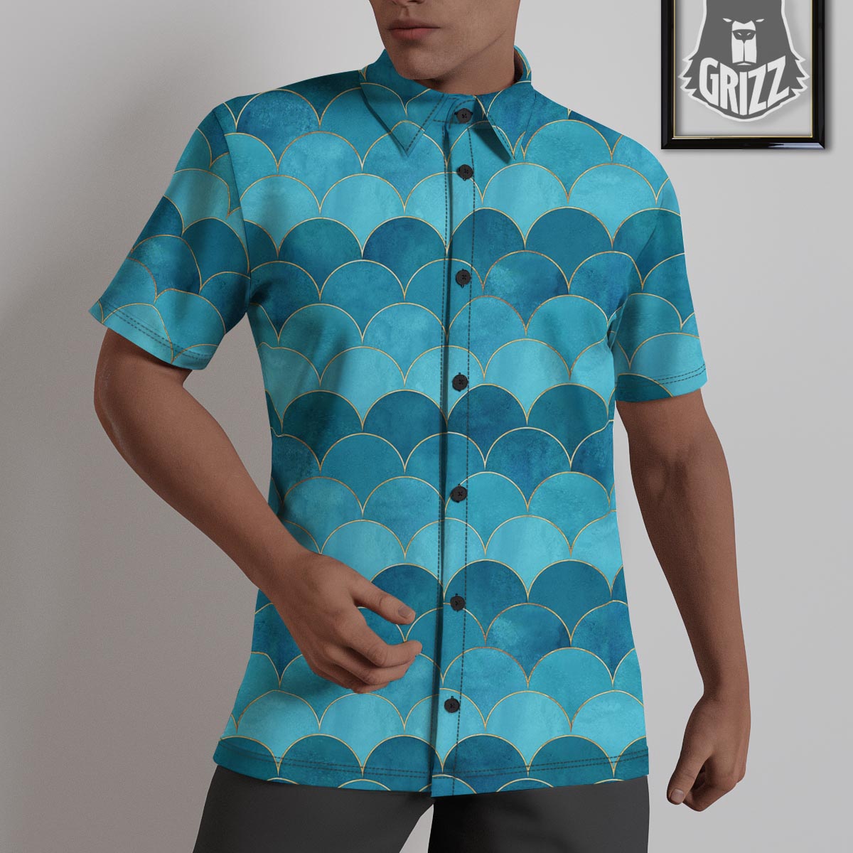 Scales Teal Mermaid Print Pattern Untucked Shirts-grizzshop