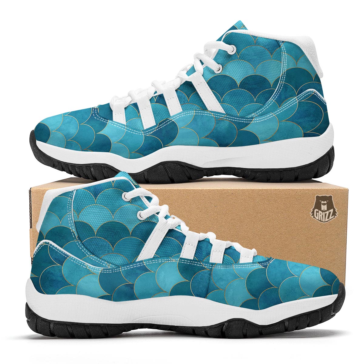Scales Teal Mermaid Print Pattern White Bball Shoes-grizzshop