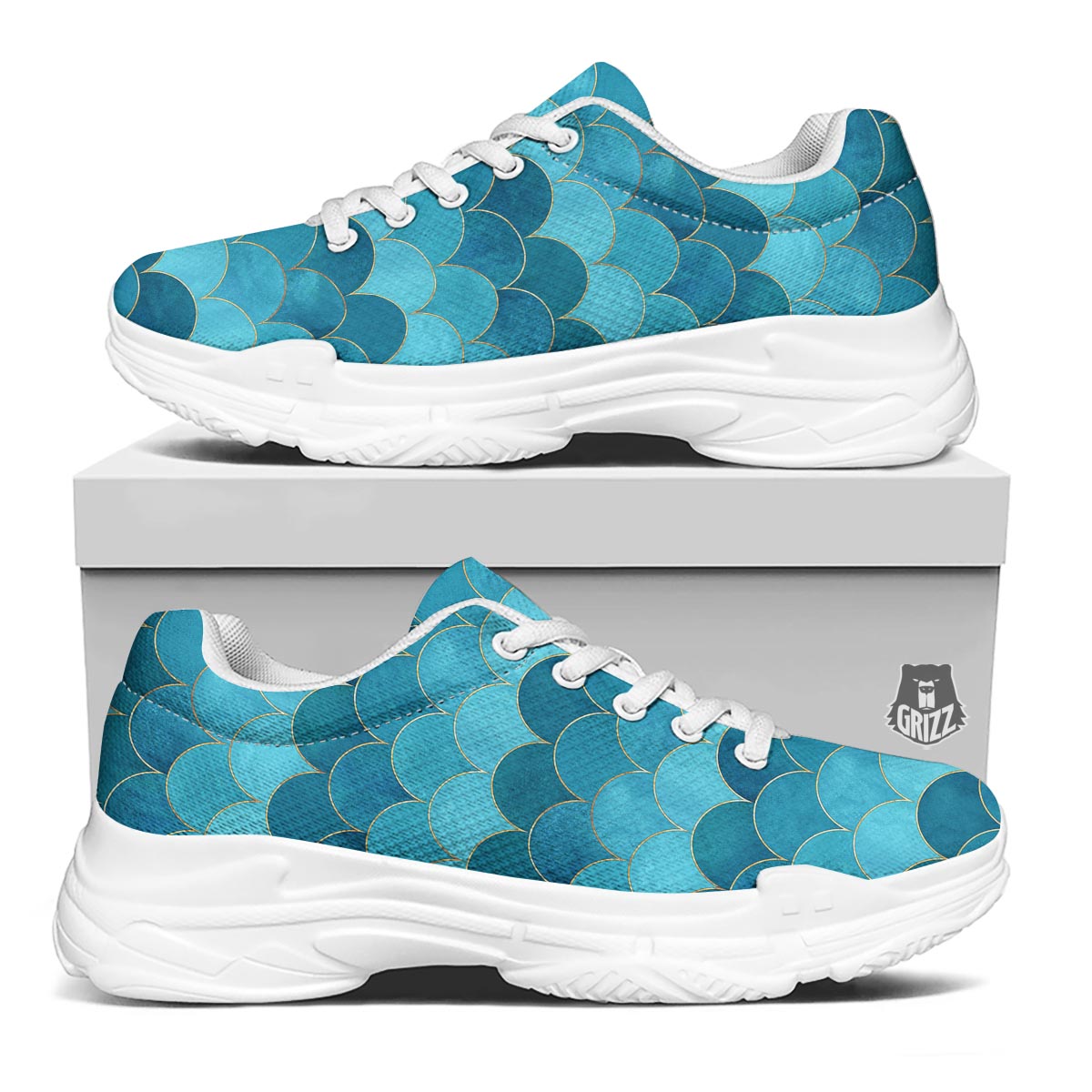 Scales Teal Mermaid Print Pattern White Chunky Shoes-grizzshop