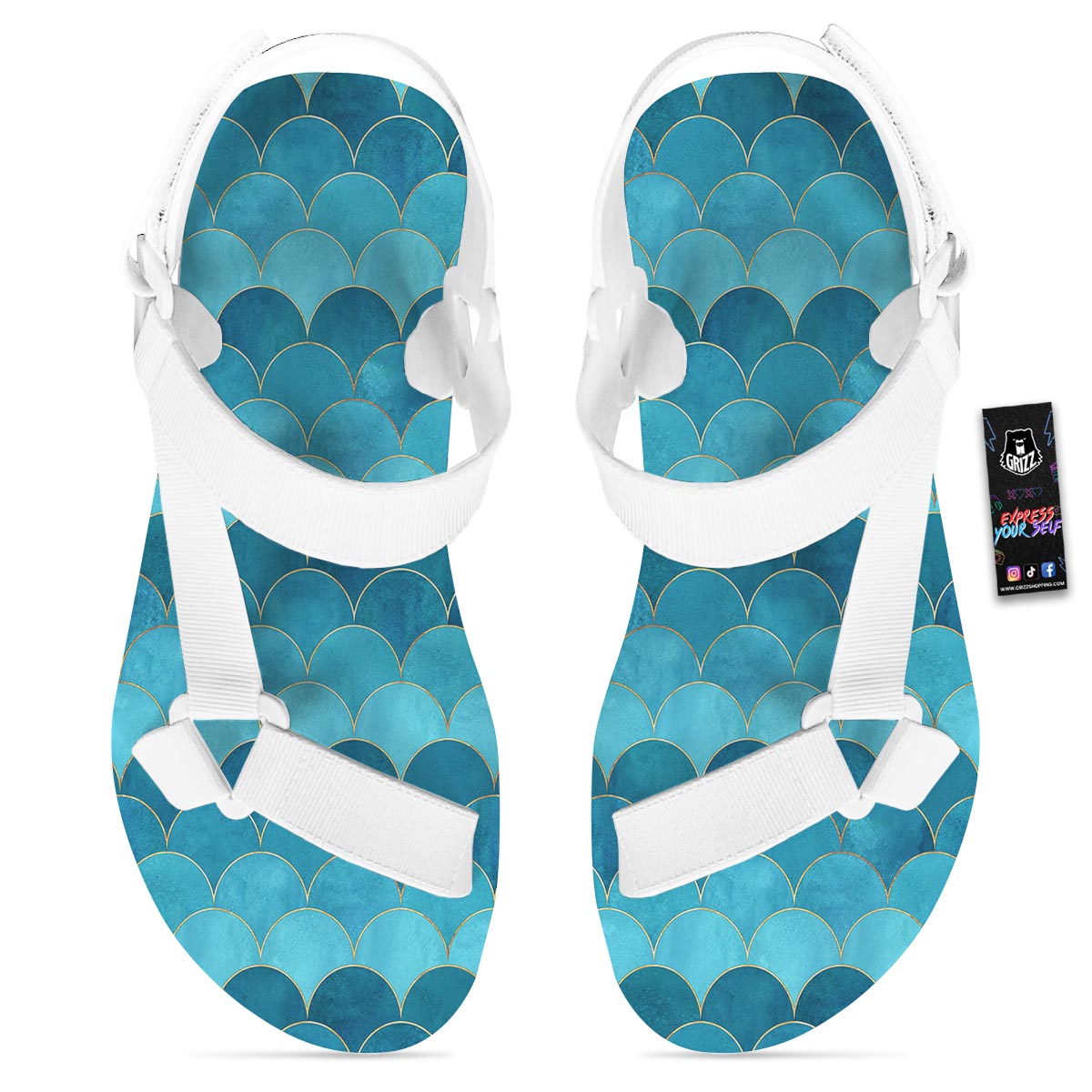 Scales Teal Mermaid Print Pattern White Open Toe Sandals-grizzshop