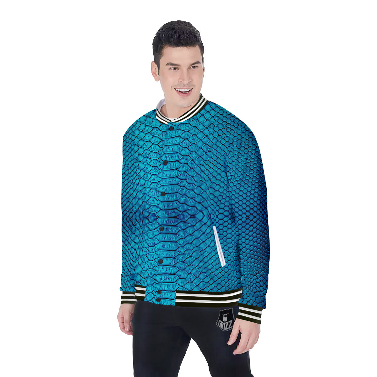 Scales Turquoise Snake Print Pattern Baseball Jacket-grizzshop
