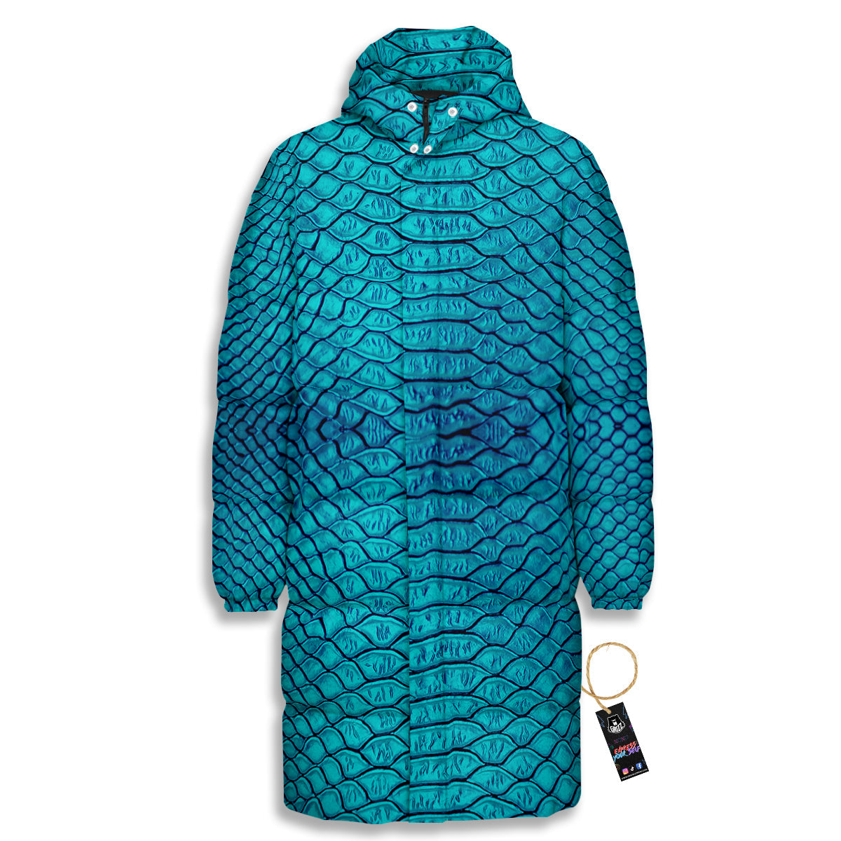 Scales Turquoise Snake Print Pattern Long Down Jacket-grizzshop
