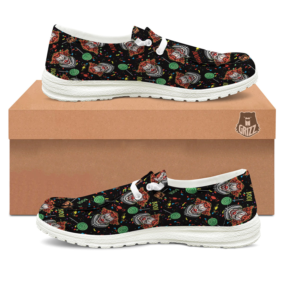Scary Clown Halloween Print Pattern White Loafers-grizzshop