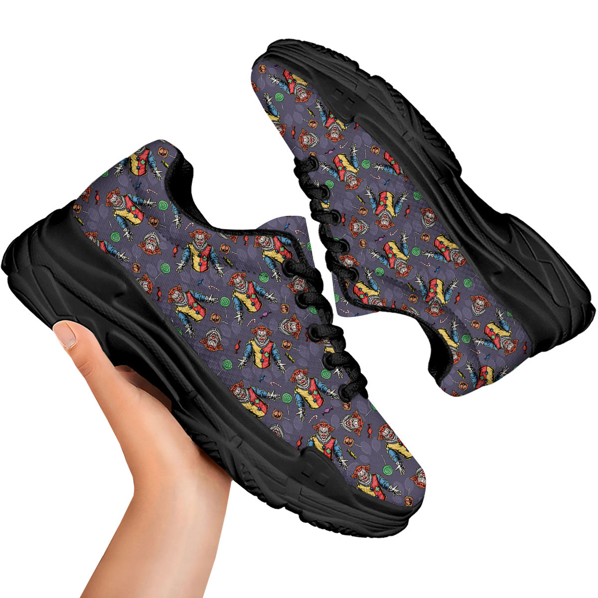 Scary Evil Clown Print Pattern Black Chunky Shoes-grizzshop
