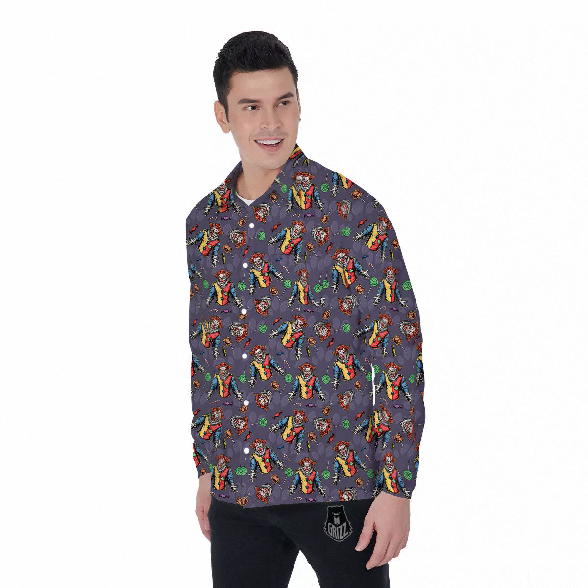 Scary Evil Clown Print Pattern Men's Long Sleeve Shirts-grizzshop