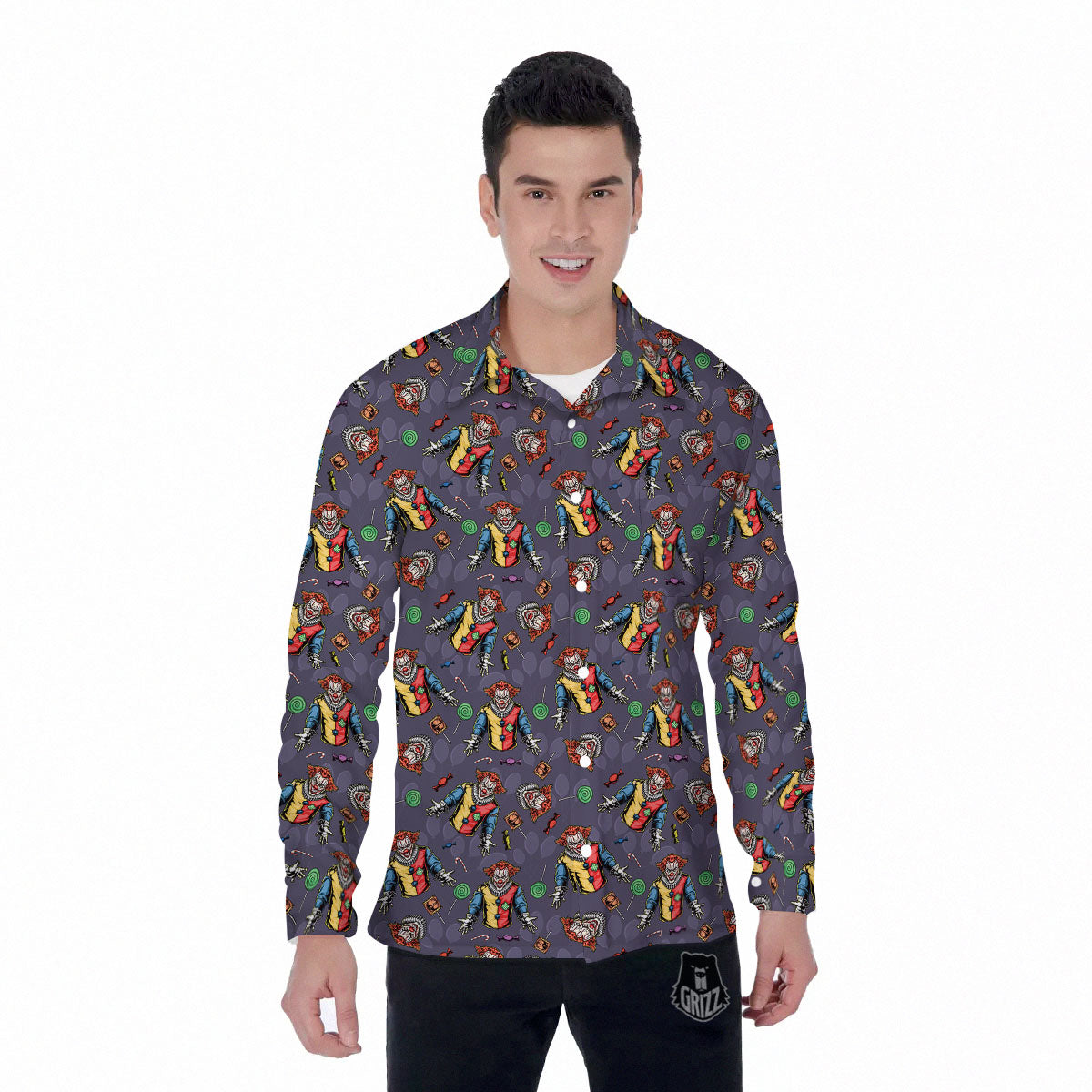 Scary Evil Clown Print Pattern Men's Long Sleeve Shirts-grizzshop