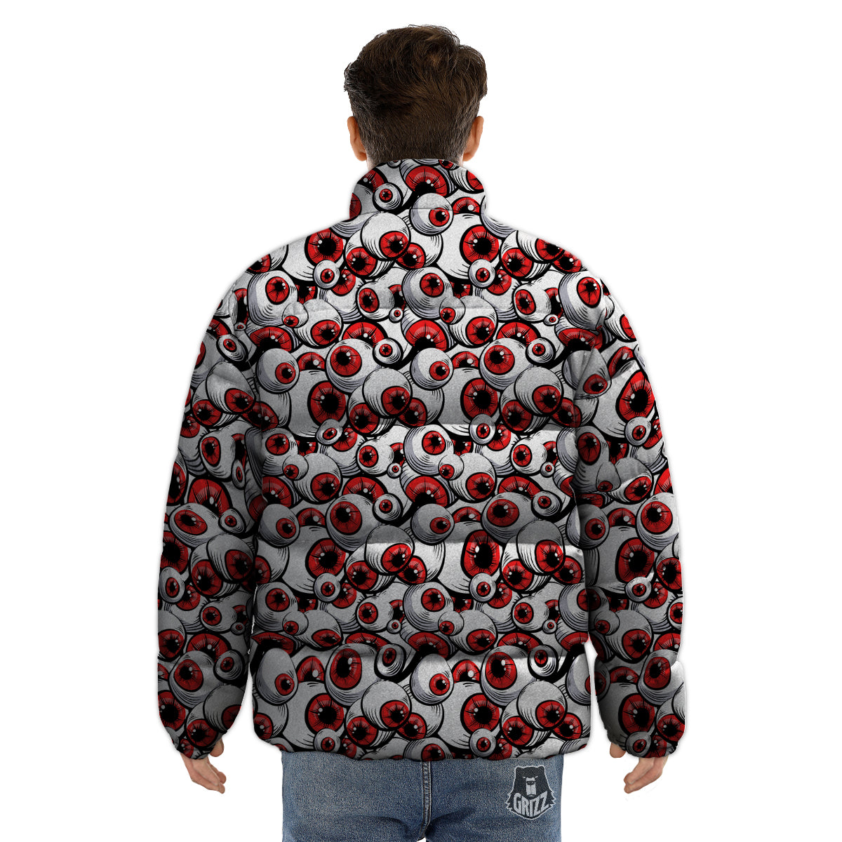 Scary Red Eyes Print Pattern Puffer Jacket-grizzshop