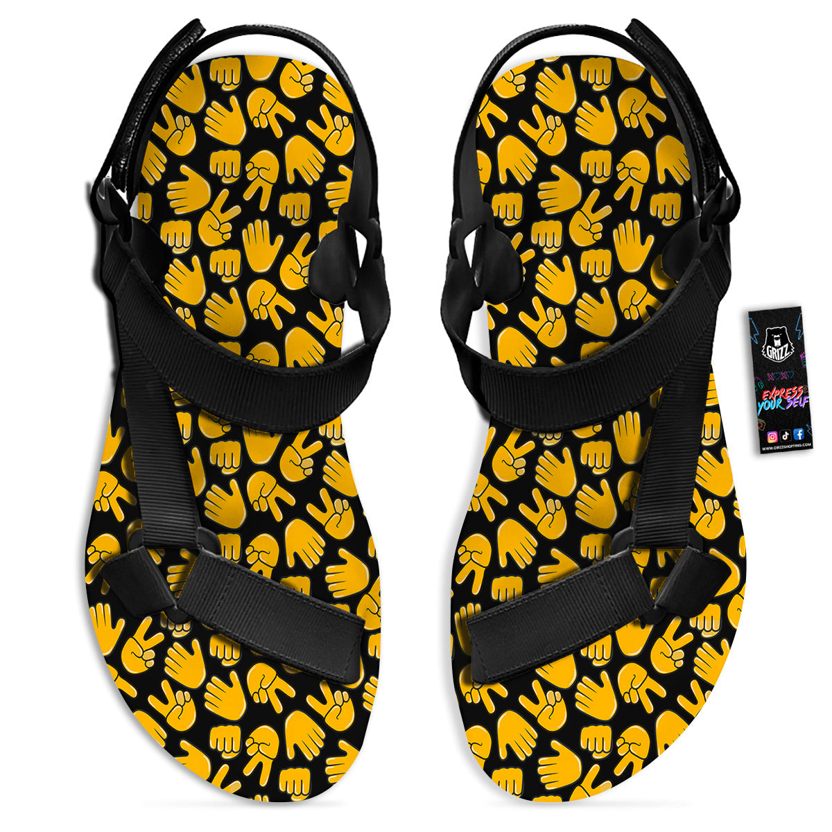 Scissors Paper Rock Emoji Print Pattern Black Open Toe Sandals-grizzshop