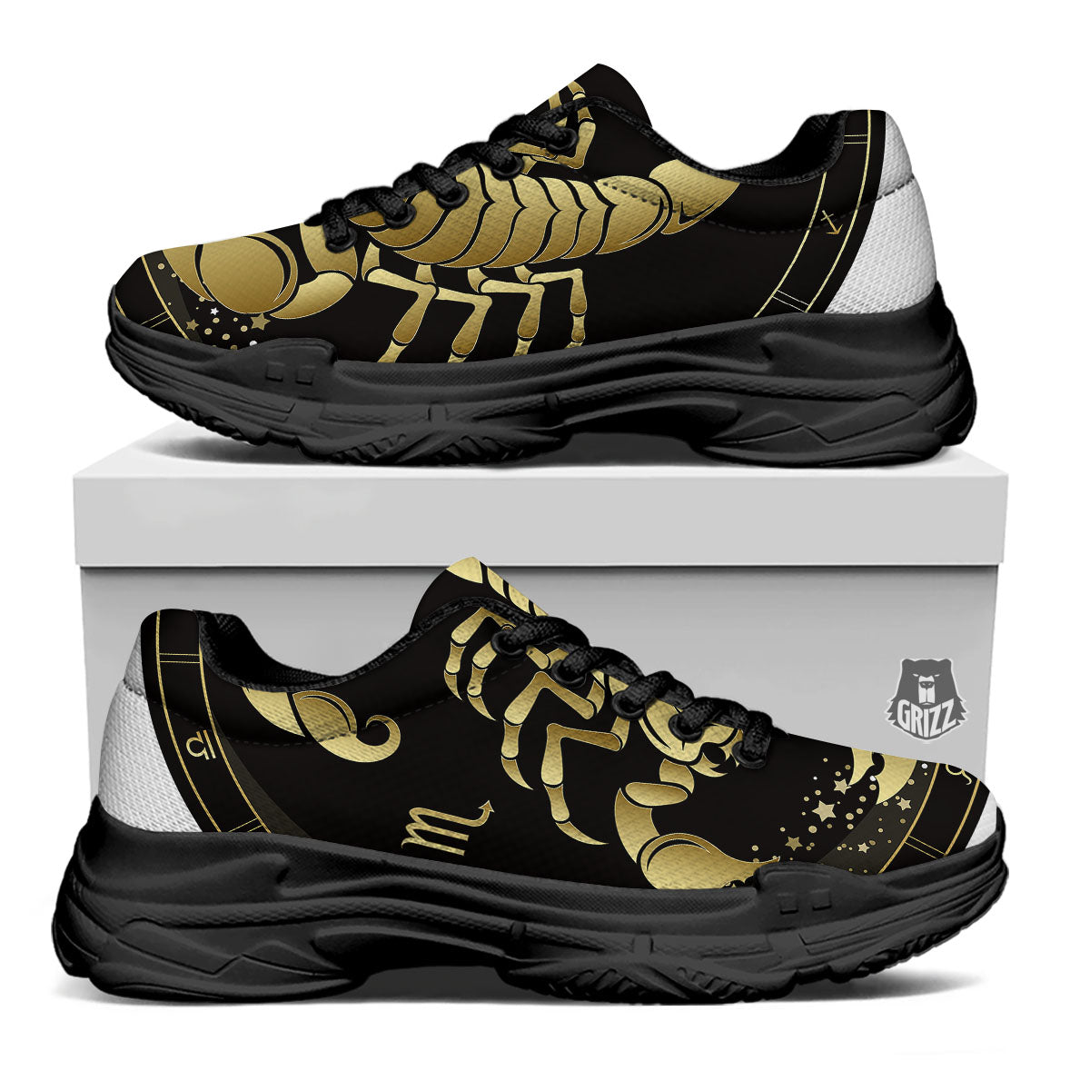 Scorpio Sign Black And Gold Print Black Chunky Shoes-grizzshop